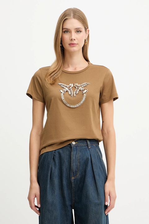 Pinko t-shirt bawełniany damski kolor brązowy 100535 A2RN - zdjęcie produktu nr 1