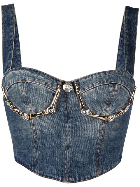 AREA Claw Cup crystal-embellished denim bustier - Blue - zdjęcie produktu nr 1
