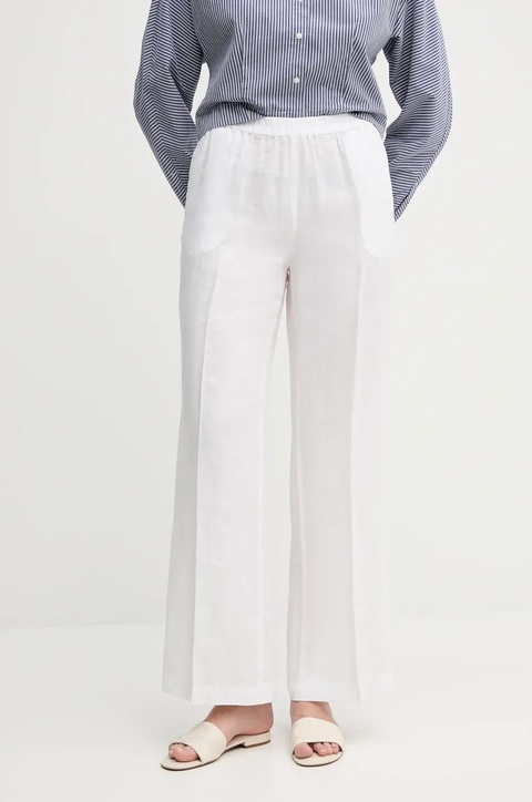 Sisley spodnie lniane kolor biały szerokie high waist - zdjęcie produktu nr 1
