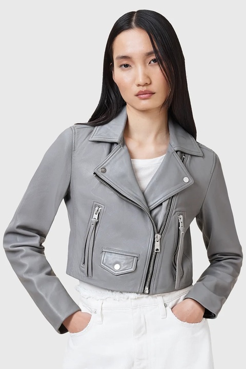 AllSaints kurtka skórzana ELORA kolor szary przejściowa W069LC - zdjęcie produktu nr 1
