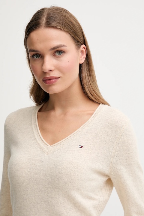 Tommy Hilfiger sweter wełniany damski kolor beżowy lekki WW0WW43505 - zdjęcie produktu nr 2