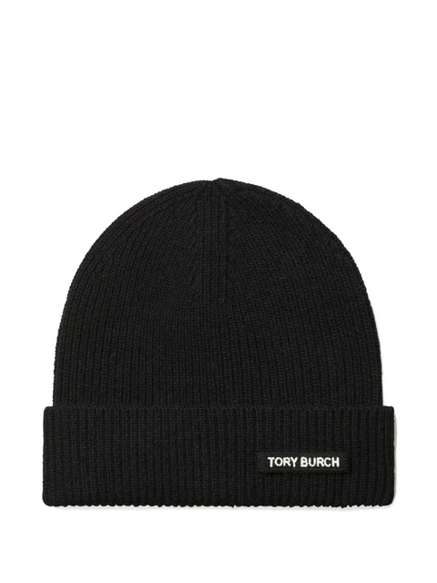 Tory Burch ribbed logo-detail beanie hat - Black - zdjęcie produktu nr 1