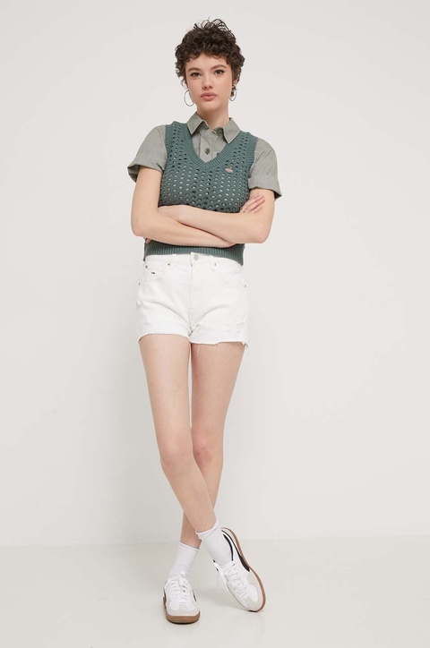 Tommy Jeans szorty jeansowe damskie kolor beżowy gładkie high waist DW0DW17643 - zdjęcie produktu nr 2