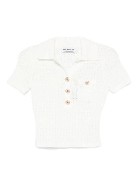 Self-Portrait pointelle-knit polo top - White - zdjęcie produktu nr 1