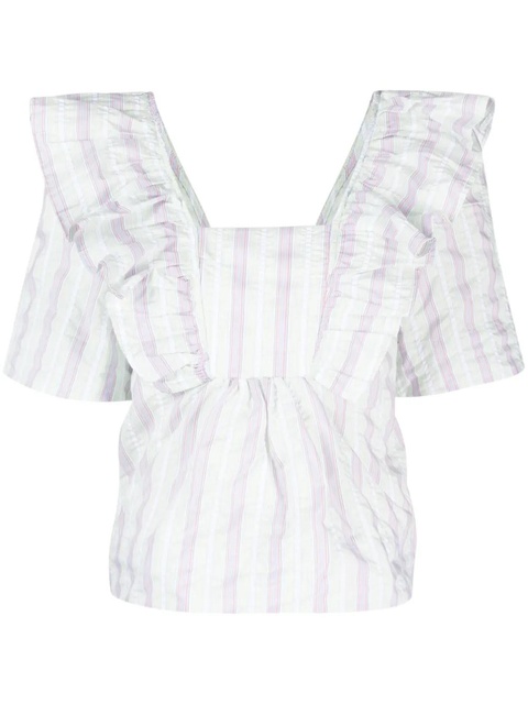 GANNI striped seersucker ruffle blouse - Green - zdjęcie produktu nr 1