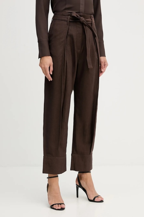 Sisley spodnie damskie kolor brązowy szerokie high waist 4ETSLF082 - zdjęcie produktu nr 1