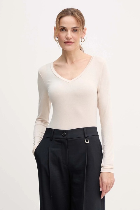 United Colors of Benetton longsleeve z domieszką kaszmiru kolor beżowy 3LRU3M076 - zdjęcie produktu nr 1