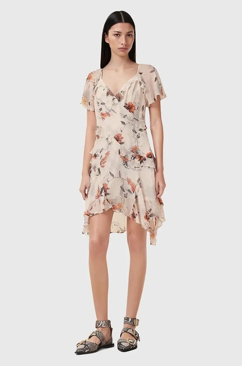AllSaints sukienka z domieszką jedwabiu DARMA kolor beżowy mini prosta W018DC - zdjęcie produktu nr 1