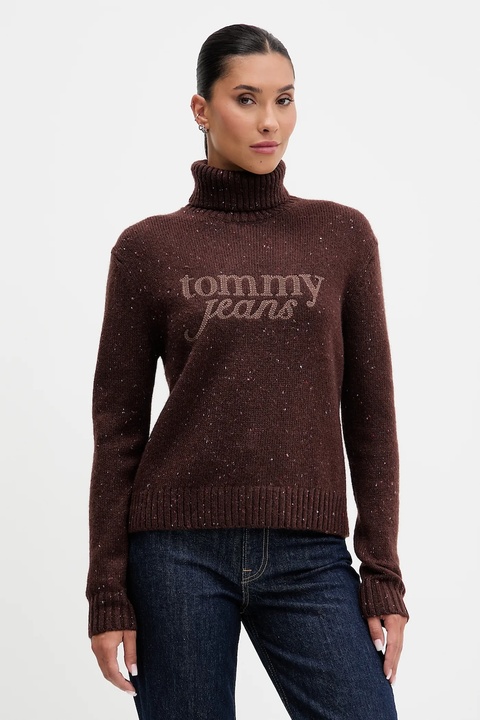Tommy Jeans sweter z dodatkiem wełny damski kolor brązowy z golfem DW0DW21687 - zdjęcie produktu nr 1