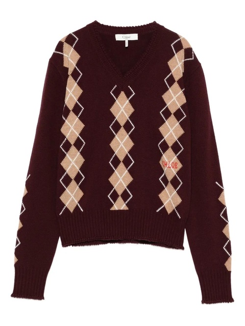 Chloé V-neck argyle-knit jumper - Red - zdjęcie produktu nr 1