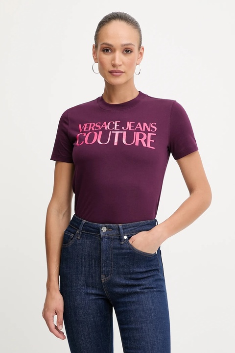Versace Jeans Couture t-shirt bawełniany damski kolor fioletowy 79HAHE05 CJ00E - zdjęcie produktu nr 1