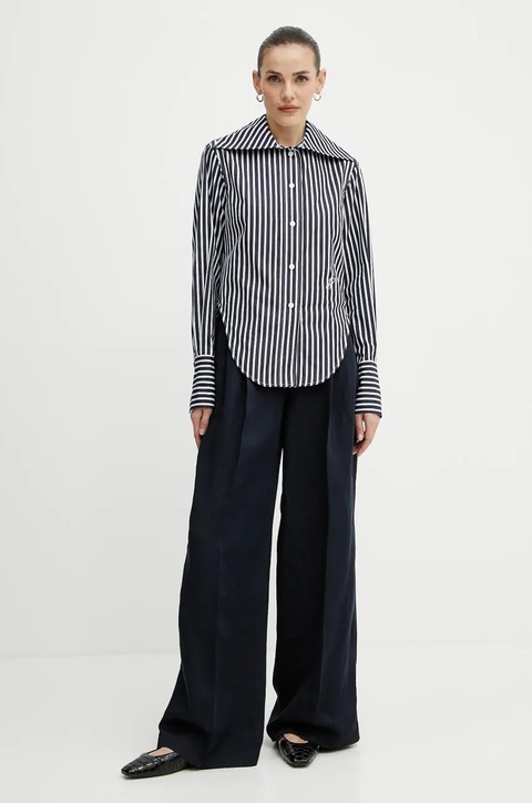 BOSS spodnie z domieszką lnu damskie kolor granatowy proste high waist 50538045 - zdjęcie produktu nr 2