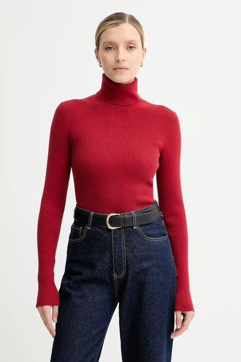Calvin Klein Jeans sweter damski kolor bordowy lekki z golfem LV047D350G - zdjęcie produktu nr 1