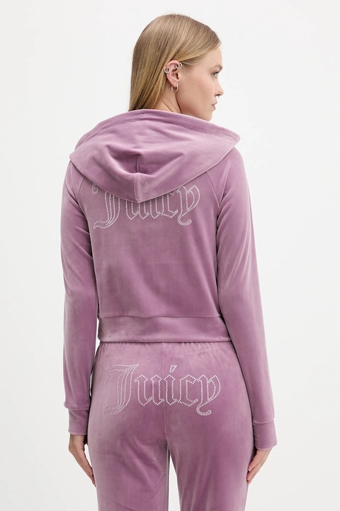 Juicy Couture bluza welurowa damska kolor fioletowy z kapturem gładka JCWAS225306 - zdjęcie produktu nr 2