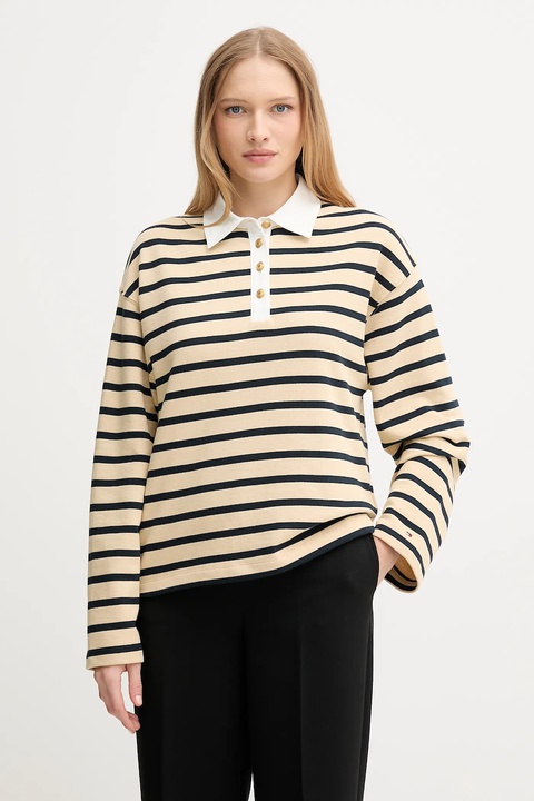 Tommy Hilfiger bluza bawełniana damska kolor beżowy wzorzysta WW0WW47457 - zdjęcie produktu nr 1