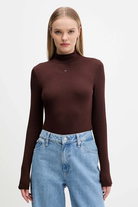 Tommy Jeans longsleeve damski kolor brązowy z półgolfem DW0DW19830 - zdjęcie produktu nr 1