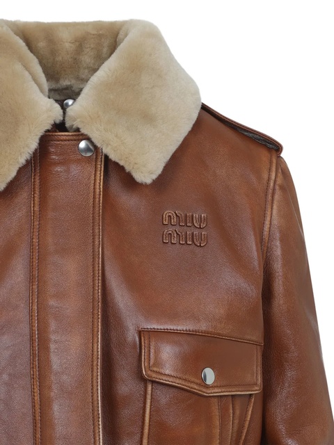 Miu Miu shearling-collar leather jacket - Brown - zdjęcie produktu nr 2