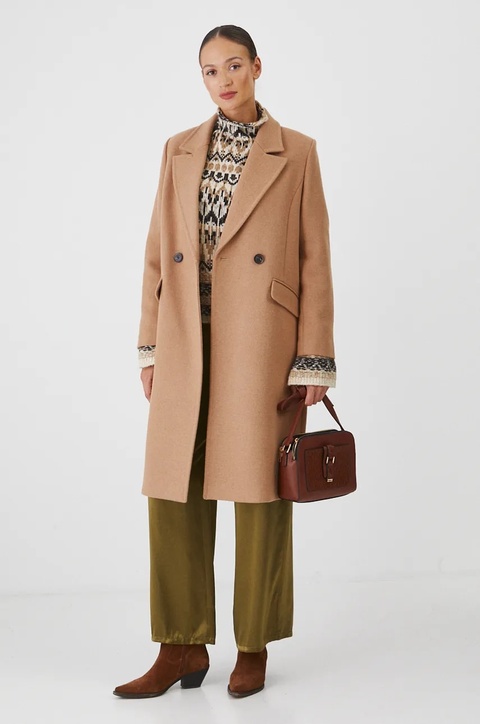 Medicine płaszcz wełniany damski kolor beżowy przejściowy dwurzędowy - zdjęcie produktu nr 2