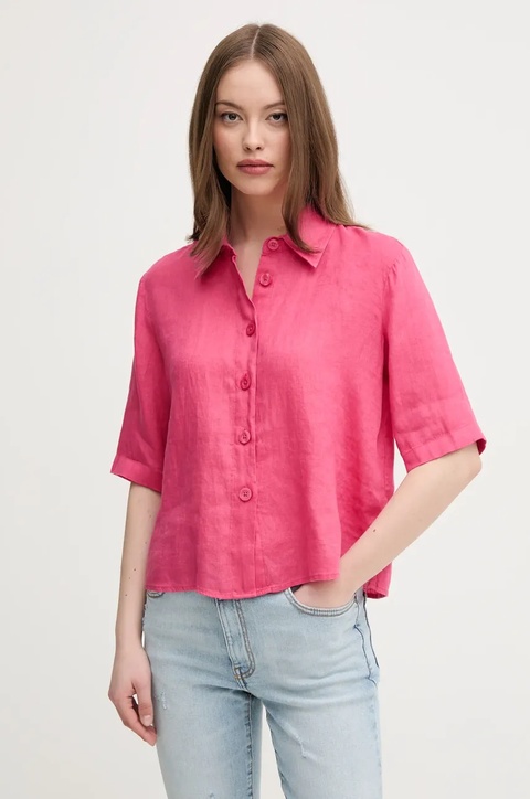 United Colors of Benetton koszula lniana kolor różowy regular z kołnierzykiem klasycznym - zdjęcie produktu nr 1