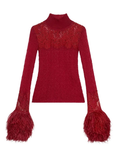 Blumarine feather-trimmed lace top - Red - zdjęcie produktu nr 1