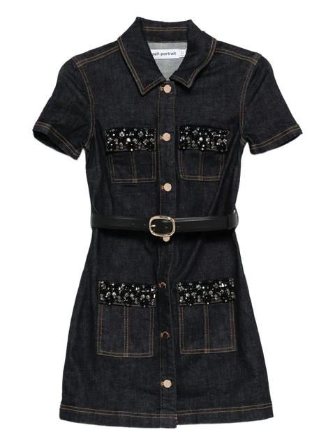Self-Portrait embellished denim mini dress - Blue - zdjęcie produktu nr 1