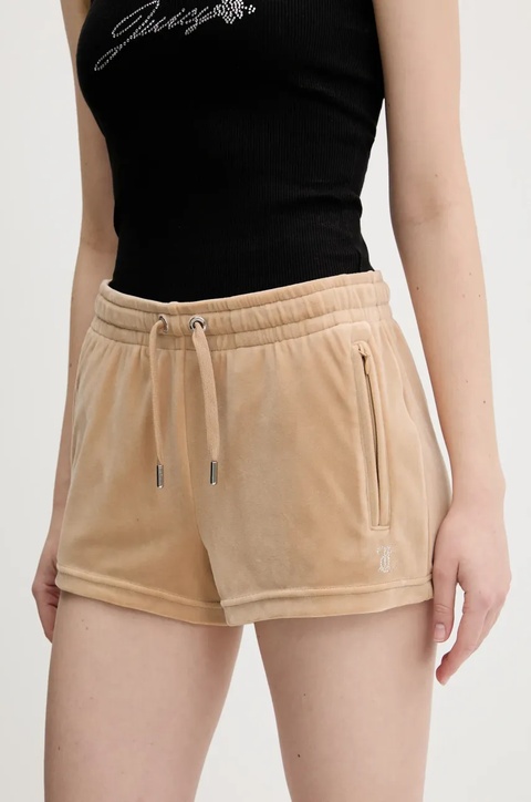 Juicy Couture szorty welurowe TAMIA damskie kolor beżowy z aplikacją medium waist JCWH121001 - zdjęcie produktu nr 1