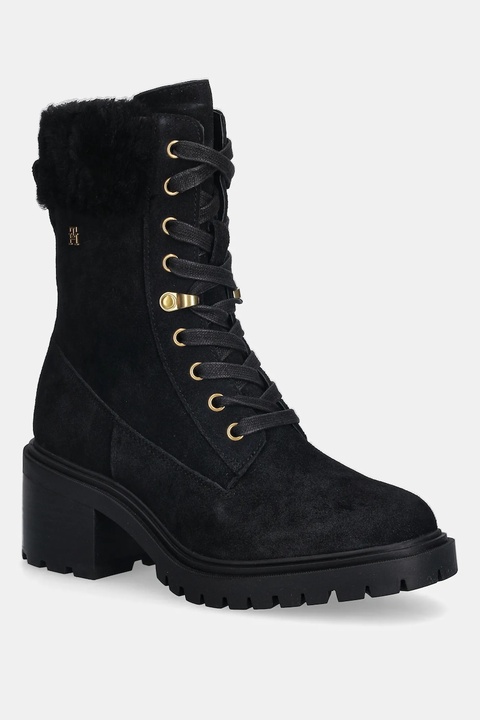Tommy Hilfiger botki zamszowe TH SHEARLING LACE UP BOOT kolor czarny na słupku lekko ocieplone FW0FW08999 - zdjęcie produktu nr 1