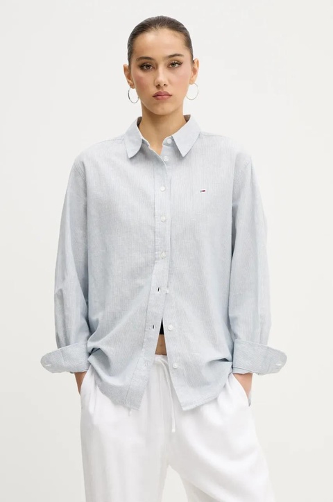 Tommy Jeans koszula z domieszką lnu damska kolor szary regular z kołnierzykiem klasycznym DW0DW20292 - zdjęcie produktu nr 1