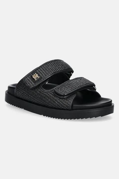 Tommy Hilfiger klapki TH DOUBLE STRAP RAFFIA SANDAL damskie kolor czarny FW0FW08940 - zdjęcie produktu nr 1