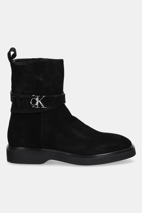 Calvin Klein botki zamszowe ANKLE BOOT W/ METAL LOGO SUE damskie kolor czarny na płaskim obcasie HW0HW02664 - zdjęcie produktu nr 2