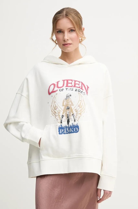 Pinko bluza bawełniana damska kolor biały z kapturem z nadrukiem 104623 A2DB - zdjęcie produktu nr 1