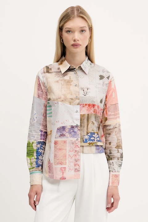 Desigual koszula bawełniana PHOTOPOST damska kolor beżowy regular z kołnierzykiem klasycznym 25WWCW18 - zdjęcie produktu nr 1