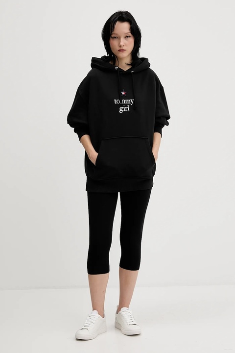 Tommy Jeans bluza bawełniana damska kolor czarny z kapturem z aplikacją DN0DN00099 - zdjęcie produktu nr 1