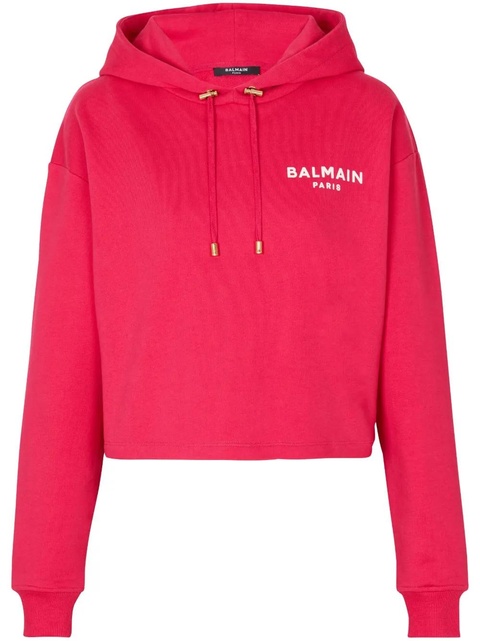 Balmain logo-flocked cropped hoodie - Pink - zdjęcie produktu nr 1