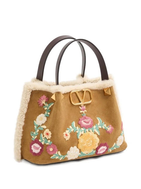 Valentino Garavani small embroidered-flowers suede tote bag - Neutrals - zdjęcie produktu nr 1