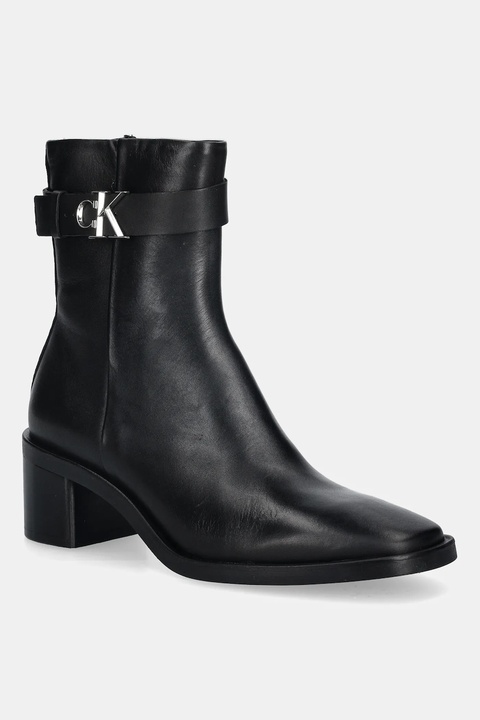 Calvin Klein botki skórzane BLOCK HEEL BOOT W/ METAL LOGO damskie kolor czarny na słupku HW0HW02591 - zdjęcie produktu nr 1
