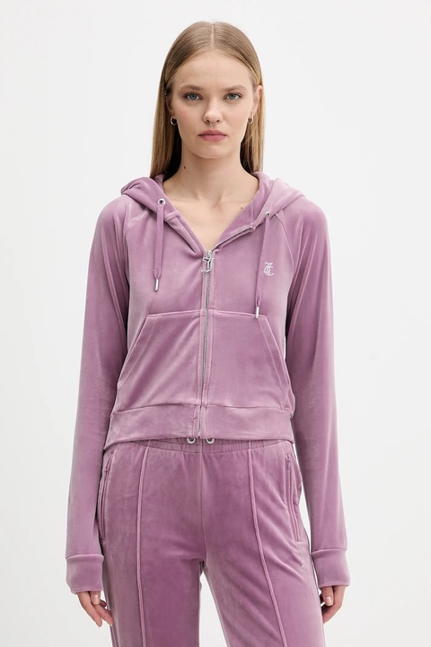 Juicy Couture bluza welurowa damska kolor fioletowy z kapturem gładka JCWAS225306 - zdjęcie produktu nr 1