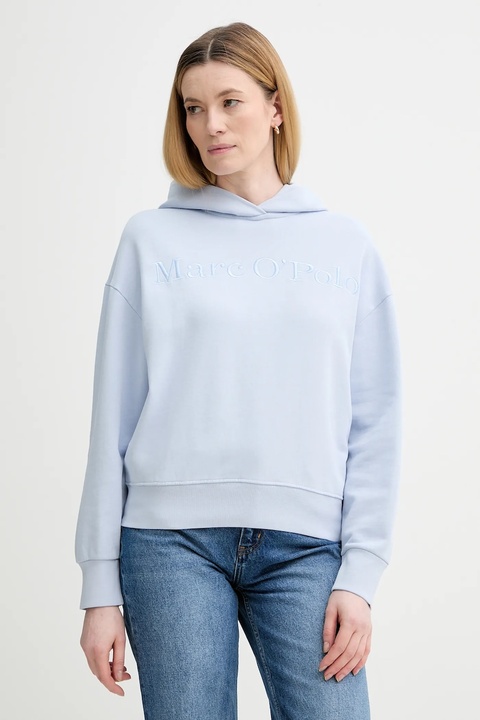 Marc O'Polo bluza bawełniana damska kolor niebieski z kapturem z aplikacją 600407354165 - zdjęcie produktu nr 1