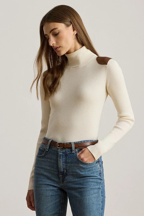 Lauren Ralph Lauren sweter damski kolor beżowy lekki z półgolfem 200951386 - zdjęcie produktu nr 1