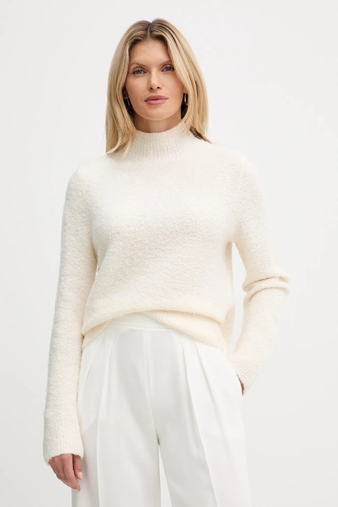 BOSS sweter z dodatkiem wełny damski kolor beżowy lekki z półgolfem 50547907 - zdjęcie produktu nr 1