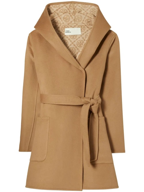 Tory Burch monogram-jacquard belted-waist coat - Brown - zdjęcie produktu nr 1