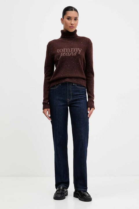 Tommy Jeans sweter z dodatkiem wełny damski kolor brązowy z golfem DW0DW21687 - zdjęcie produktu nr 1