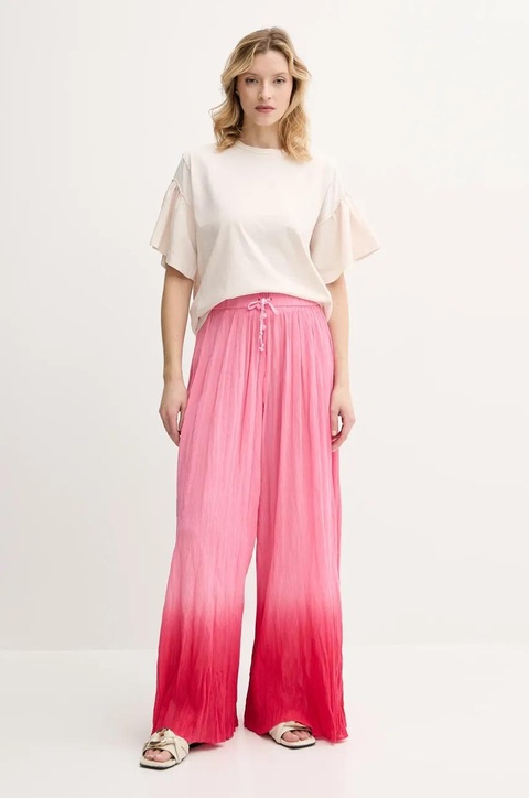 Pinko spodnie bawełniane damskie kolor różowy szerokie high waist 104756 A2G4 - zdjęcie produktu nr 2