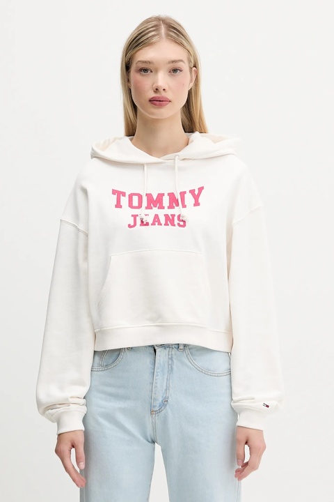 Tommy Jeans bluza bawełniana damska kolor beżowy z kapturem z aplikacją DW0DW21598 - zdjęcie produktu nr 1