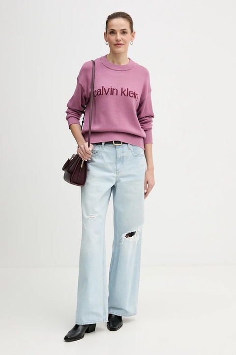 Calvin Klein Jeans sweter bawełniany damski kolor różowy lekki LV047C311G - zdjęcie produktu nr 2