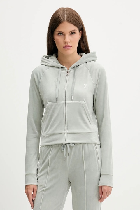 Juicy Couture bluza welurowa damska kolor szary z kapturem gładka JCWAS225306 - zdjęcie produktu nr 1