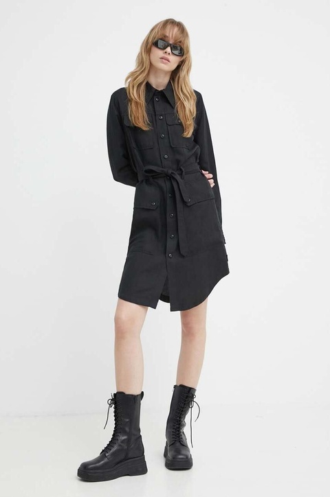 G-Star sukienka z domieszką lnu kolor czarny mini rozkloszowana - zdjęcie produktu nr 1