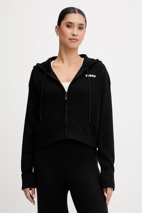 Guess bluza z domieszką wełny FLAMINIA kolor czarny z kapturem gładka V5BR05 Z3JD2 - zdjęcie produktu nr 1