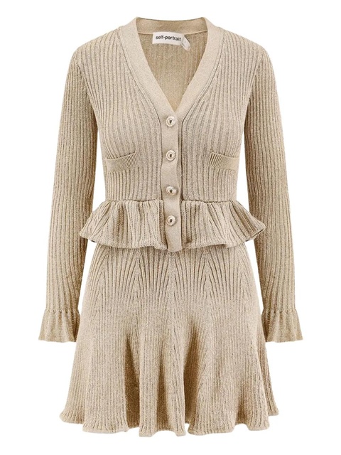 Self-Portrait ribbed-knit mini dress - Brown - zdjęcie produktu nr 1