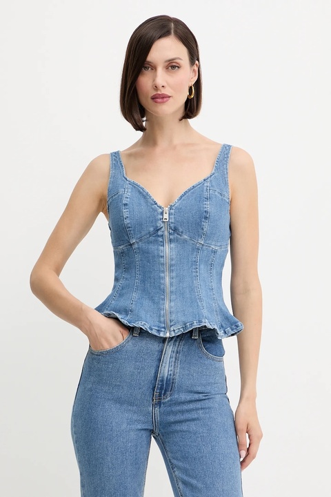 Guess top jeansowy ANIKA kolor granatowy gładka W5YH0Z D4LU0 - zdjęcie produktu nr 1